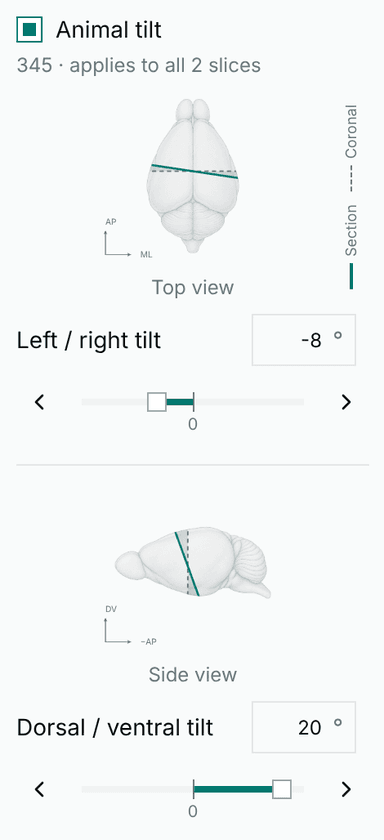 Animal tilt controls with top and side previews, left/right and dorsal/ventral sliders, chevron steppers and degree inputs