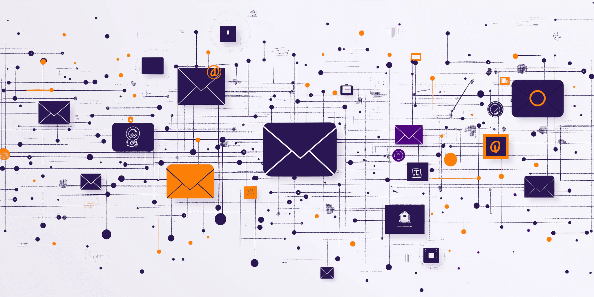 Abstract knolling-style top-view visualization of digital communication systems with email icons, network connections, and distributed architecture patterns