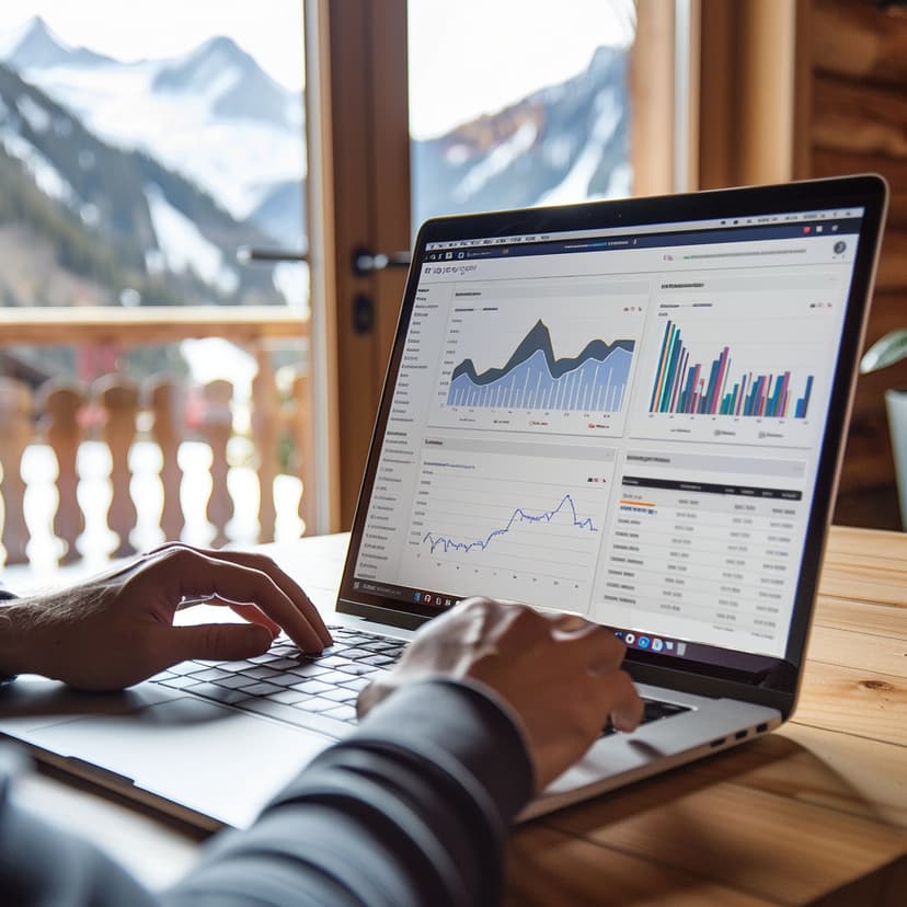 Laptop showing AI data science dashboard in a swiss mountain house