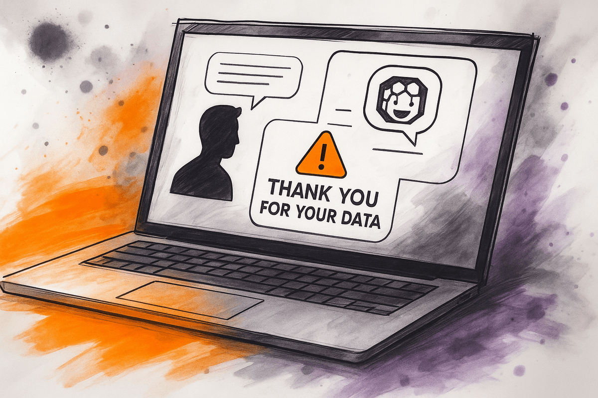Illustration highlighting data privacy concerns with AI systems like ChatGPT, showing a laptop screen with privacy warning message and artistic watercolor background