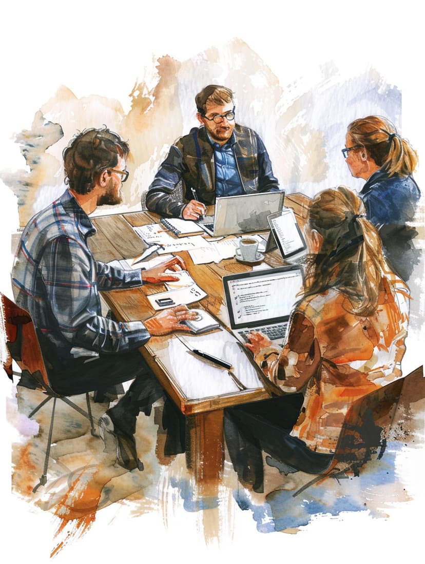 Artistic watercolor illustration of professional team collaboration and discussion