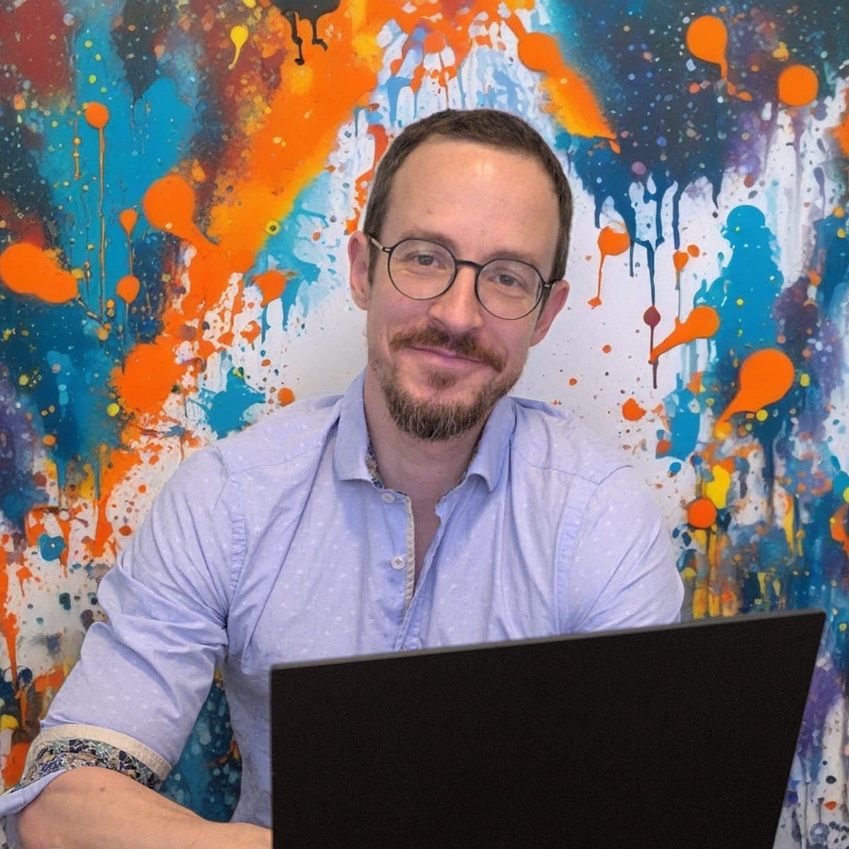 Alternative view of professional CEO portrait with laptop in creative studio setting